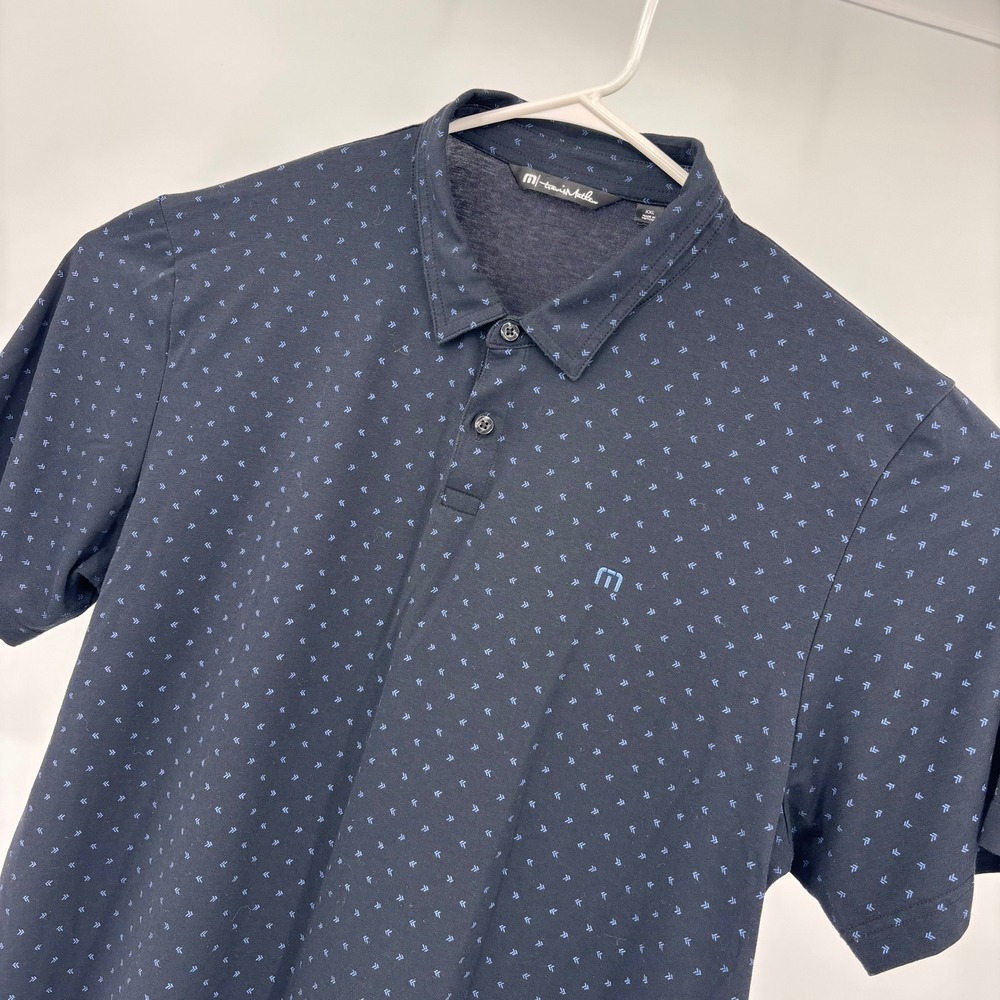 TravisMathew Polo Shirt Mens XXL Navy Blue Excellent Micro Geometric Arrow Print